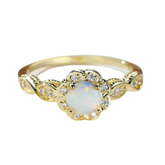 Platinum Opal Flower Ring | Elegant Floral Design with Round Opal