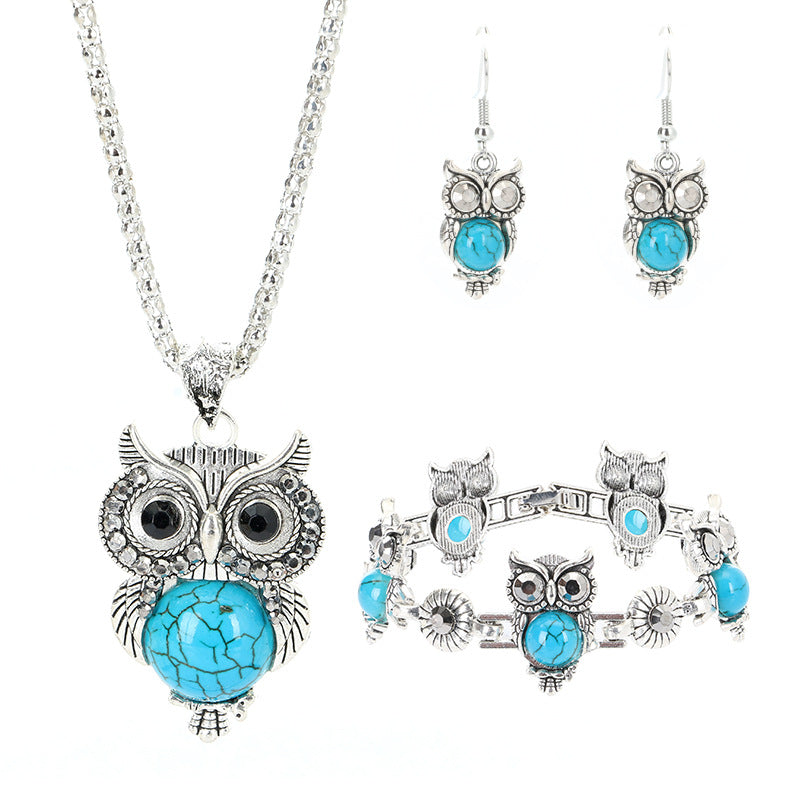 Turquoise Owl Retro Set: Earrings, Necklace, and Bracelet Ensemble