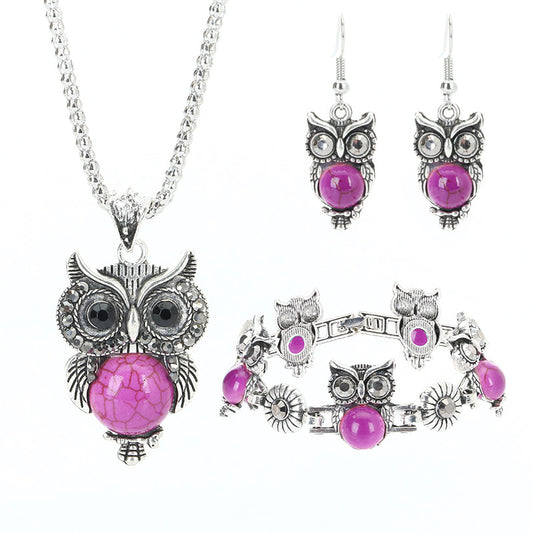 Turquoise Owl Retro Set: Earrings, Necklace, and Bracelet Ensemble