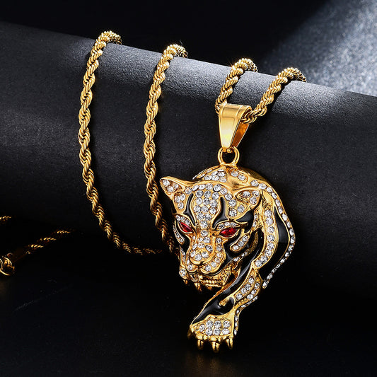 Gold-plated Oil Drop Rhinestone Leopard Head Pendant Necklace.