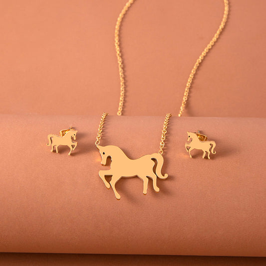 Stainless Steel Gold Silver Unicorn Horse Necklace Earrings Jewelry Set.