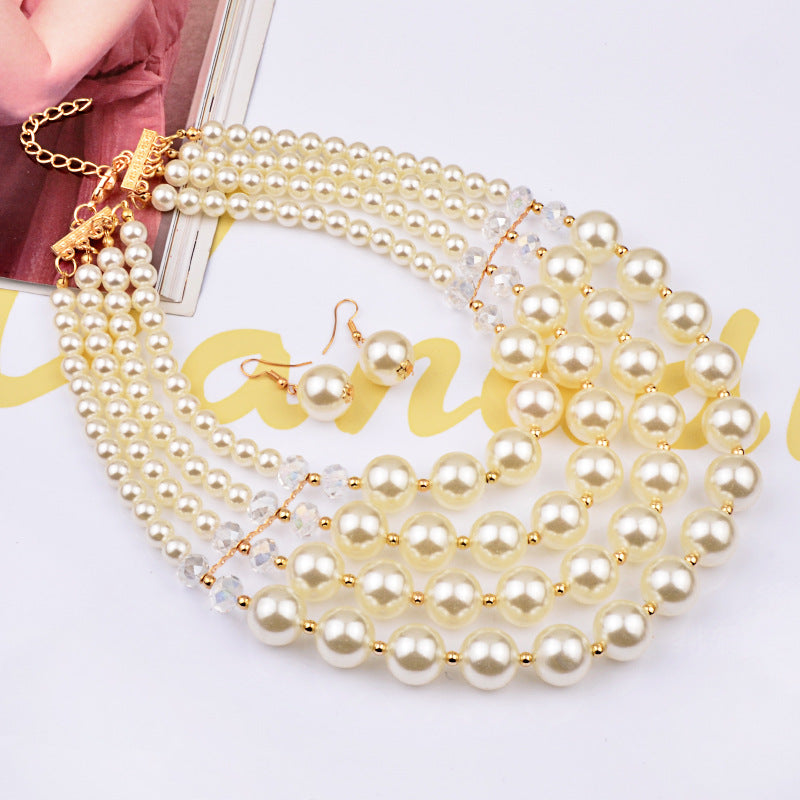 Elegant European Bridal Jewelry Set | Crystal Pearl Necklace and Earrings Ensemble