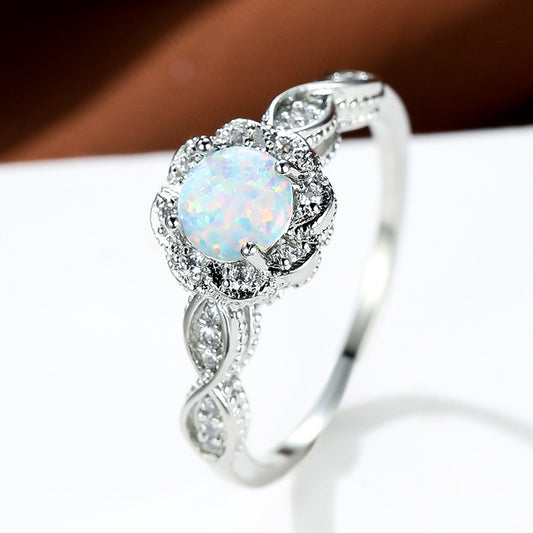 Platinum Opal Flower Ring | Elegant Floral Design with Round Opal