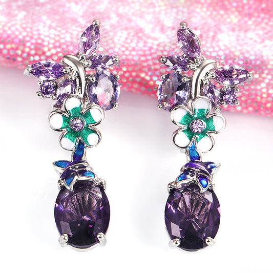Oval Purple Zircon Flower Earrings Butterfly Ladies Earrings.