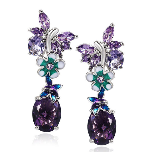 Oval Purple Zircon Flower Earrings Butterfly Ladies Earrings.