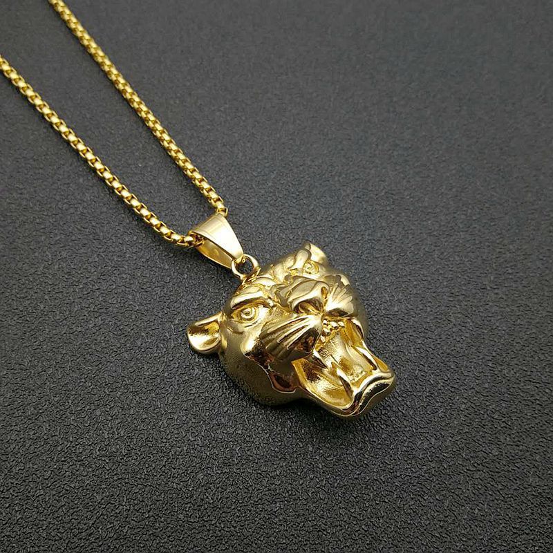 Stainless Steel Gold-plated Lion Head Pendant Necklace.