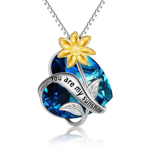 You Are My Sunshine Sunflower Pendant Necklace |Sterling Silver with Crystal.