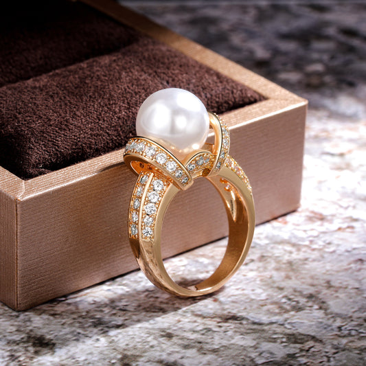 Pearl Radiance: Elegant Zircon Gold-Plated Ring for Women