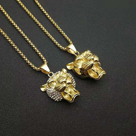 Stainless Steel Gold-plated Lion Head Pendant Necklace.