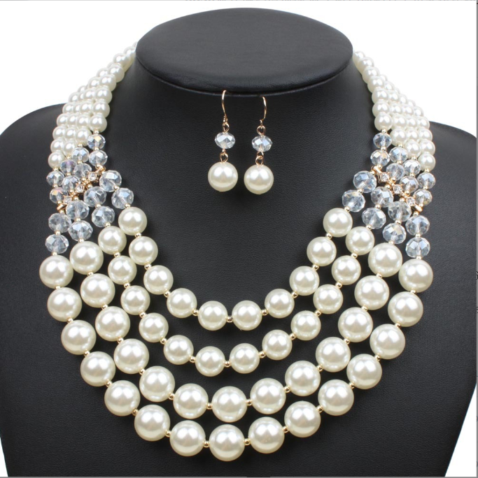 Elegant European Bridal Jewelry Set | Crystal Pearl Necklace and Earrings Ensemble