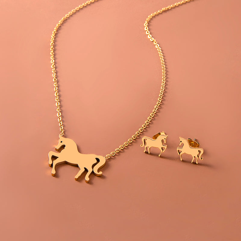 Stainless Steel Gold Silver Unicorn Horse Necklace Earrings Jewelry Set.