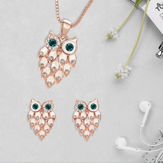Fashion Jewelry Alloy Rhinestone Owl Necklace And Earrings Two-piece Set.