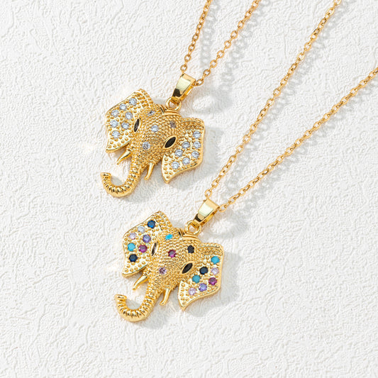 Exotic Charm: Bronze & Gold Elephant Pendant Necklace with Colorful Zircons.