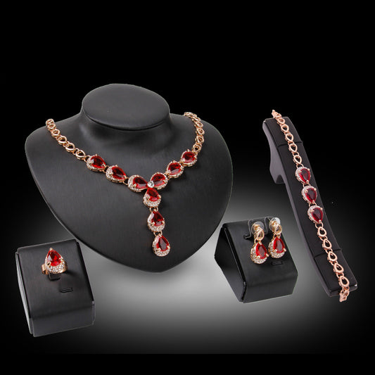 European & American Wedding Accessories | Red Gemstone Four-piece Jewelry Set.